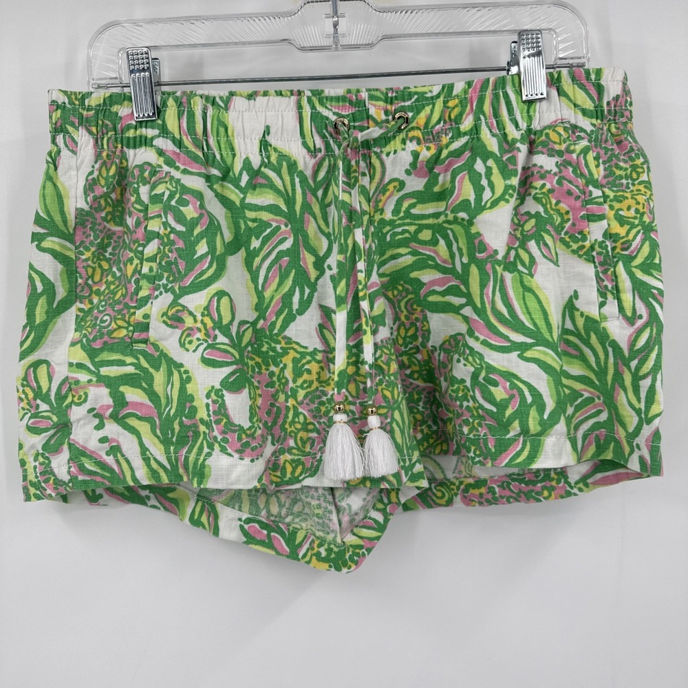 Lilly Pulitzer Linen‎ Shorts  Women's Sz M Classic Lilly Tassels Green Pink